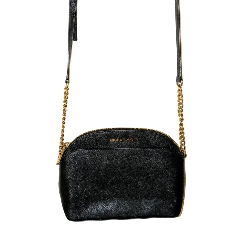 Michael‎ Kors Black Emmy Saffiano Leather Dome Crossbody Bag Gold Chain NWOT